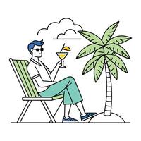 Man drinking cocktail and sitting on deck chair line art vector illustration