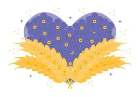 Heart from forget me not flowers and two wheat ears, patriotic Ukrainian print in blue and yellow colors vector