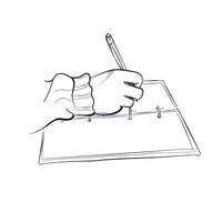 hand drawing of a man's hand writing in a notebook with a pen vector