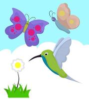 conjunto mariposa y colibrí con cielo antecedentes vector