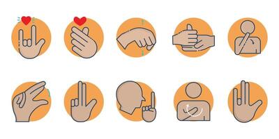 sign language. sign language icon set. i love you, help, yes, no, thank you , etc. flat line icon style. business element vector illustration