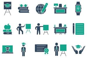 education icons. teacher, teacher desk, graduation hat, pencil and notepad, book, student. set of icons related to education. solid icon style. navigation vector illustration