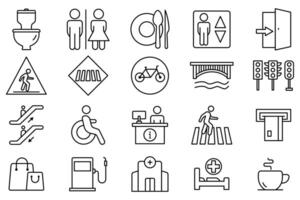 público navegación icono colocar. baño, comida corte, ascensor, información escritorio, Cajero automático, etc. línea icono estilo. navegación vector ilustración