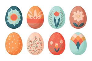 Set of Colourful Floral Decorated Easter Eggs isolated on white background. Flat style. Vector illustration