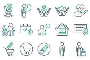 employee benefits icon set. contains icon retirement plan, flexible working, certificate, bonus, etc. line icon style. business element vector illustration