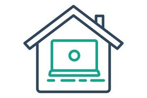 Work from home icon. laptop icon with house. featuring a cozy home setting with a laptop, conveying remote work convenience and comfort. line icon style. element illustration. vector