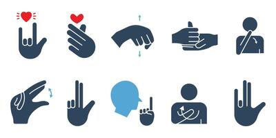 sign language. sign language icon set. i love you, help, yes, no, thank you , etc. solid icon style. business element vector illustration