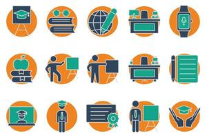 education icons. teacher, teacher desk, graduation hat, pencil and notepad, book, student. set of icons related to education. flat line icon style. navigation vector illustration