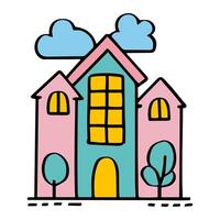 A colorful, whimsical illustration of a large house, surrounded by green trees under a sky with fluffy blue clouds. kid drawing cartoon style. vector