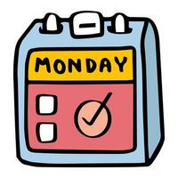 cartoon calendar page icon marked Monday with a checkmark, symbolizing task completion or an important event scheduled on that day. vector