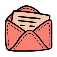 A pink envelope with a white piece of paper sticking out. vector