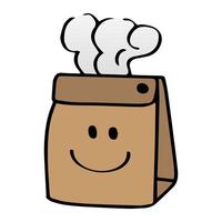 A brown paper bag with a smiley face and steam coming out of it. vector