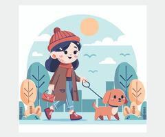 mujer caminando el perro al aire libre ilustración vector