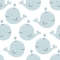 Seamless pattern with cute whale. Sea character. For for kids design, fabric, wrapping, cards, textile, wallpaper, apparel. Isolated vector cartoon illustration in flat style on white background.