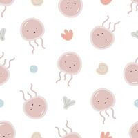 Seamless pattern with cute jellyfish. Sea character. For for kids design, fabric, wrapping, cards, textile, wallpaper, apparel. Isolated vector cartoon illustration in flat style on white background.