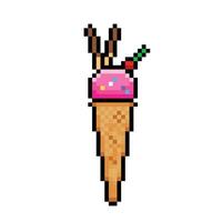 Strawberry ice cream cone with cherry, sprinkles, and chocolate biscuit sticks. Frozen summer food. Pixel art retro vintage video game bit vector illustration.Simple flat cartoon art styled drawing.