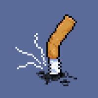 Put out off cigarette with ashes and smoke effect. Pixel art retro vintage video game bit vector illustration. Simple flat cartoon art styled drawing isolated on dark blue square background.