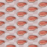 Raw steak meats pattern on light brown checkered background. Pixel bit retro game cartoon simple art styled vector illustration drawing isolated vintage wallpaper.