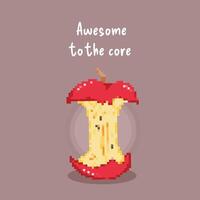 Awesome to the core. Apple core fruit quotes on brown background. Pixel bit retro game styled vector illustration drawing for wall art or poster object decoration.