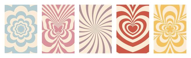 Groovy hippie 60s 70s backgrounds set. Waves, swirl, twirl pattern with heart, butterfly, daisy, flower. Vector texture in trendy retro psychedelic style. Y2k aesthetic