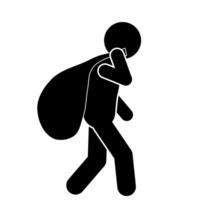 stick figure vector illustration carrying a trash bag, plastic bag