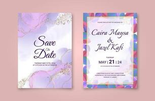 Beautiful wedding invitation card with abstract watercolor background, golden line art, and leaves. Luxury pink and purple marble background vector