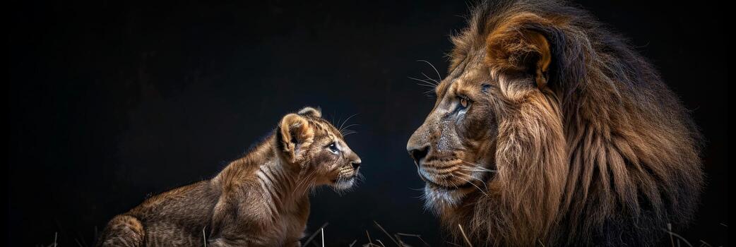AI generated Male lion and lion cub portrait with generous space for text, object positioned on the right side photo