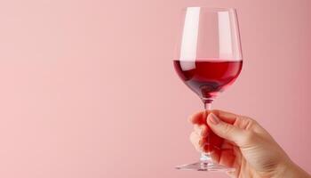 AI generated Side view of hand holding red wine glass isolated on pastel background with space for text photo