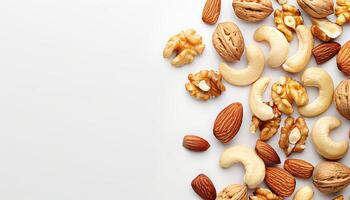 AI generated Variety of nuts on warm brown background providing generous space for creative text placement photo