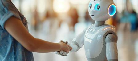 AI generated Human robot handshake symbolizes technology meeting humanity on blurred background photo