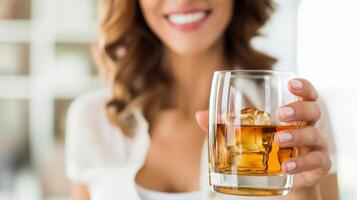 AI generated Graceful woman holding whiskey glass against blurred background, ideal for text placement. photo