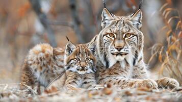 ai generado retrato de masculino lince y cachorro con espacioso texto área, objeto posicionado en el Derecha lado foto