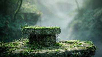 AI generated Forest green moss podium with organic texture in serene misty woodland environment photo