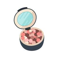 Compact blush skin color in a box with mirror and white sponge. Face care products. Hand drawn Beauty and makeup icon. Vector flat illustration for packaging, shops, web.