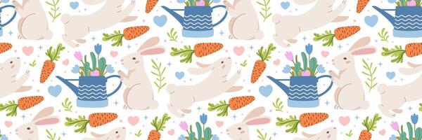 Easter rabbit, carrot and garden watering can seamless pattern. Background with bunnies, vegetation. Traditional festive background. For greeting card, banner, textiles, wallpaper. Vector illustration