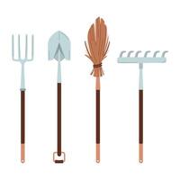 Collection of garden tools. Rake, shovel, pitchfork, broom. Items for gardening and farming, Set of farm tools, instruments. Isolated on white background. Design elements vector flat illustration.