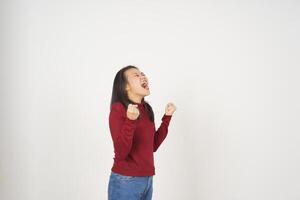 Young Asian woman in Red t-shirt Angry gesture isolated on white background photo