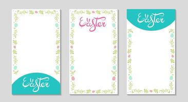 Happy Easter floral frame. For Social media long greeting stories. Background with lettering for sale, visual design. Holidays vertical text templates for photos and videos. Vector flat illustration.