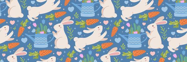 Easter rabbit, carrot and garden watering can pattern. Blue Background with bunnies, vegetation. Traditional festive background. For greeting card, banner, textiles, wallpaper. Vector illustration