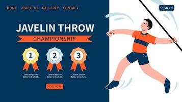 Javelin throw championship web banner. Athlete throwing javelin. Background for sports standings with three prizes. Gold, silver and bronze medals. Text templates, website. Vector flat illustration.