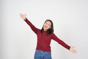 Young Asian woman in Red t-shirt Give a Hug isolated on white background photo