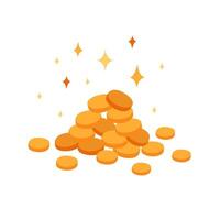 Mountain of gold coins. Sparkling treasures for St. Patrick's Day. Luck, treasure hunt, leprechaun gold. Festive element, for decorations, board games, postcards. Vector flat illustration.