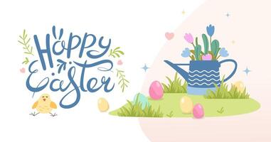 Modern happy Easter banner with chicken, garden watering can and colored eggs. Cute bird and lettering. Spring minimal style. Horizontal festive background for invitations. Vector flat illustration.