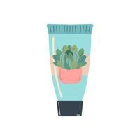 Tube of hand or face cream isolated on white background. Hand drawn elegance cosmetic concept. Self-care, skin care. Moisturizing cream with vegetable design. Vector flat illustration for beauty shop.