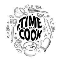 Kitchenware and Cook line ingredients set. Time to cook lettering. Products and kitchen tools for cooking baking recipes. Food icons and elements. Vector line illustration. Kitchen utensils, home menu