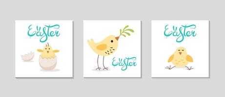 Easter simple cards set. Greeting square background for Social media. Holidays spring invitation. Little Easter birds. Cute yellow chickens, lettering. Vector flat illustration.