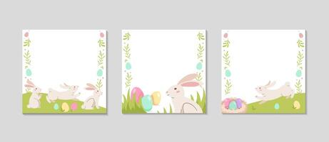 Happy Easter frame. For Social media square greeting stories post. Holidays spring template set. Background with rabbit and eggs. For photos and videos. Vector flat illustration.