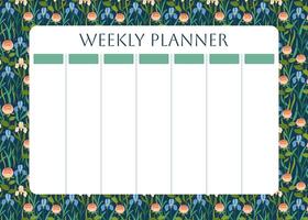 Weekly planner with floral pattern. Spring flowers and leaves, lily on dark background for notes. Cute school planner is for 7 days. Kids schedule design template. Vector flat illustration.