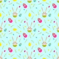 Seamless vector Easter pattern with cute little rabbit, decorated eggs and sprigs of flowers. Print for textile, pack, fabric, wallpaper, wrapping.