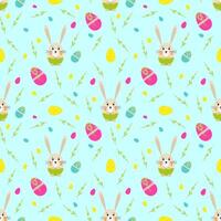 Seamless vector Easter pattern with cute little rabbit, decorated eggs and sprigs of flowers. Print for textile, pack, fabric, wallpaper, wrapping.